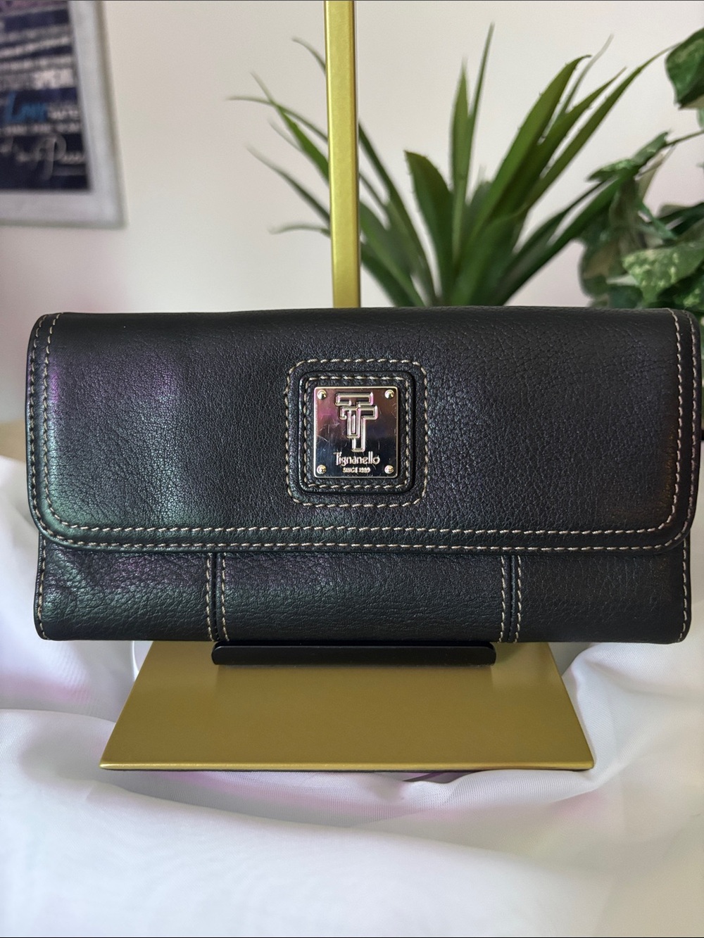 Tignanello Black Pebbled Leather Trifold Wallet